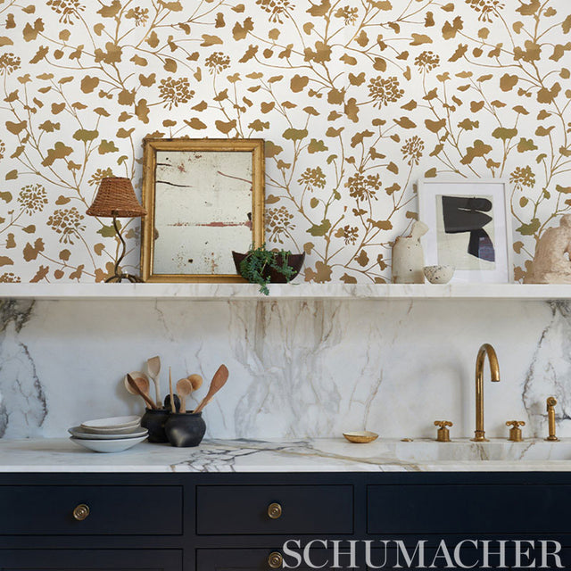 Pennick Mylar Gold Floral Wallpaper Metallics by Schumacher – Step Lively Collection 5010580