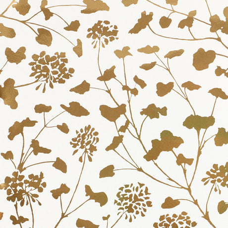 Gold floral silhouette wallpaper with painterly botanical pattern on white background, Schumacher Pennick Mylar.