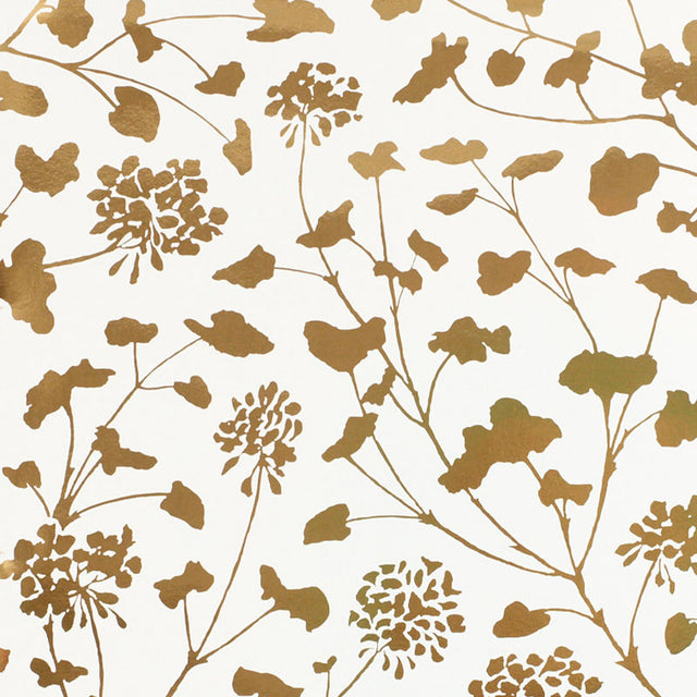 Gold floral silhouette wallpaper with painterly botanical pattern on white background, Schumacher Pennick Mylar.