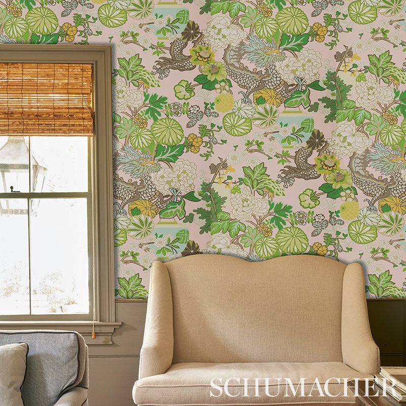 Chiang Mai Dragon Blush by Schumacher Chinoiserie Dragon Wallpaper – Schumacher 5010590