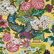 Chiang Mai Dragon wallpaper in yellow by Schumacher featuring a vibrant chinoiserie dragon and floral motif.