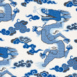 Magical Ming Dragon wallpaper in Porcelain by Schumacher, featuring stylized blue dragons and clouds on a white background.