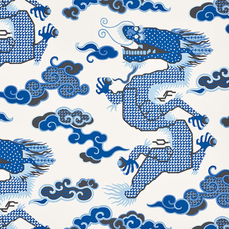 Magical Ming Dragon wallpaper in Porcelain by Schumacher, featuring stylized blue dragons and clouds on a white background.