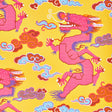 Magical Ming Dragon wallpaper in yellow with stylized pink dragons and colorful clouds by Schumacher.