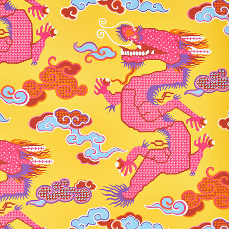 Magical Ming Dragon wallpaper in yellow with stylized pink dragons and colorful clouds by Schumacher.