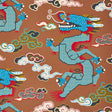 Magical Ming Dragon wallpaper by Schumacher featuring stylized blue dragons and clouds on a brown background, designed by Johnson Hartig.