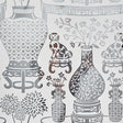 HELLENE MYLAR wallpaper features a preppy chinoiserie design with Ming vases and Staffordshire dogs in a mirrored silver pattern by Schumacher.