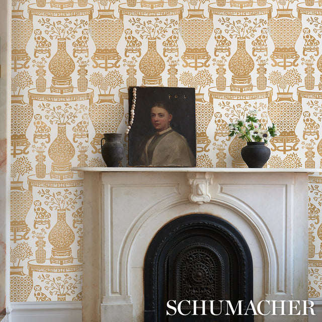 Hellene Mylar Gold by Schumacher Moon River Collection Patterned Metallic Wallpaper – Schumacher 5010611