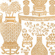 Gold Ming vases and Staffordshire dogs pattern wallpaper, Hellene Mylar by Schumacher, shown in an elegant interior setting.