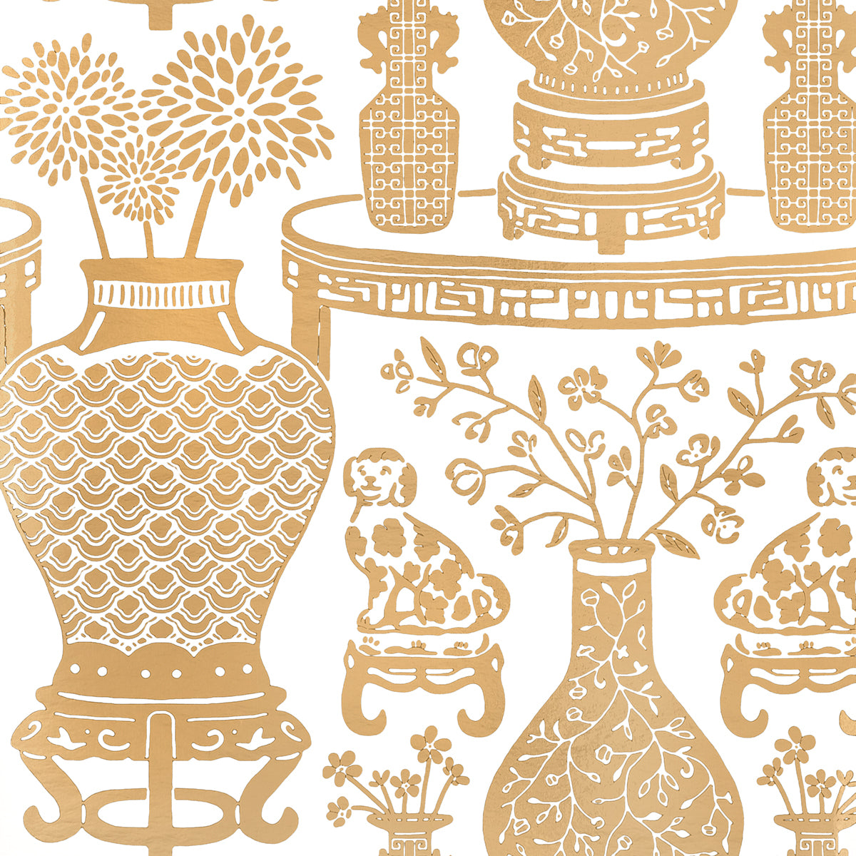Gold Ming vases and Staffordshire dogs pattern wallpaper, Hellene Mylar by Schumacher, shown in an elegant interior setting.