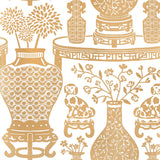 Gold Ming vases and Staffordshire dogs pattern wallpaper, Hellene Mylar by Schumacher, shown in an elegant interior setting.