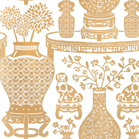 Gold Ming vases and Staffordshire dogs pattern wallpaper, Hellene Mylar by Schumacher, shown in an elegant interior setting.