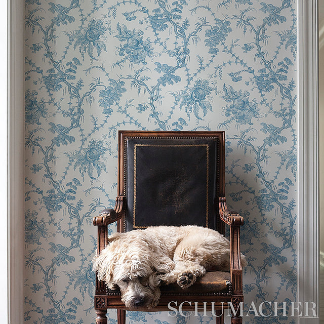 San Cristobal Toile Peacock by Schumacher Blue Botanical Wallpaper – Schumacher 5010620