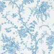 San Cristobal Toile wallpaper in Peacock by Schumacher, featuring intricate blue botanical and pomegranate illustrations on a white background.