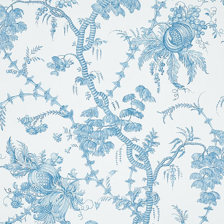 San Cristobal Toile wallpaper in Peacock by Schumacher, featuring intricate blue botanical and pomegranate illustrations on a white background.
