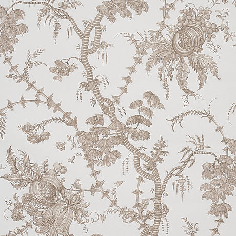 San Cristobal Toile wallpaper in cocoa by Schumacher, featuring intricate 18th-century inspired botanical and pomegranate illustrations.