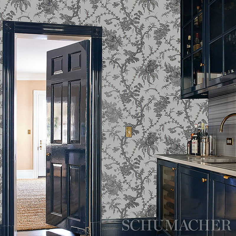 San Cristobal Toile Black by Schumacher 18th-Century Botanical Wallpaper – Schumacher 5010622