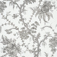 San Cristobal Toile wallpaper in black by Schumacher, featuring intricate 18th-century inspired botanical and pomegranate illustrations.