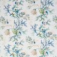 Blue and green coral and sea creature pattern wallpaper, Del Tesoro by Schumacher, shown in a bathroom setting.
