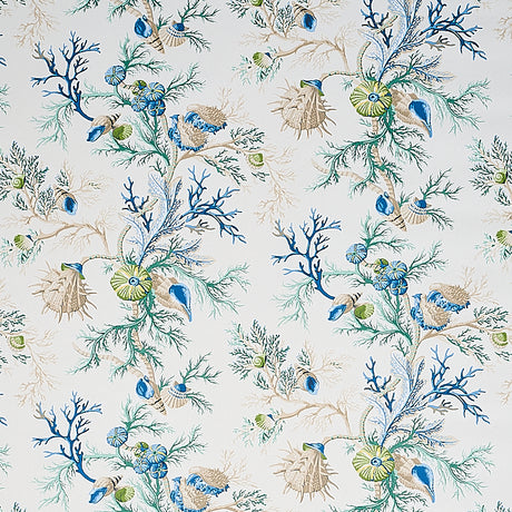 Blue and green coral and sea creature pattern wallpaper, Del Tesoro by Schumacher, shown in a bathroom setting.