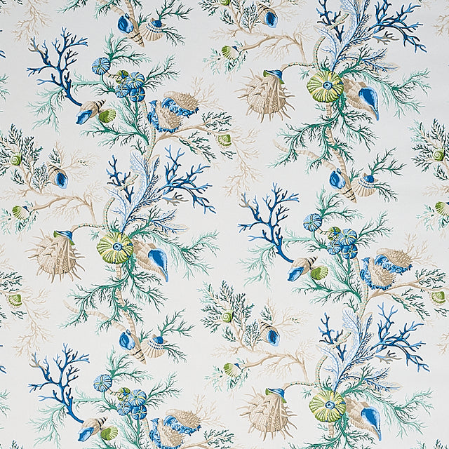 Blue and green coral and sea creature pattern wallpaper, Del Tesoro by Schumacher, shown in a bathroom setting.