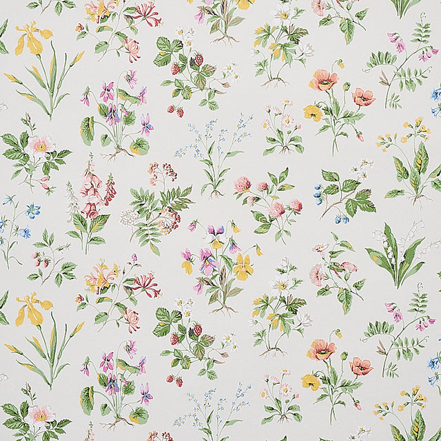 Floreana Berry by Schumacher - English wildflowers wallpaper in a colorful, vintage-inspired floral pattern.