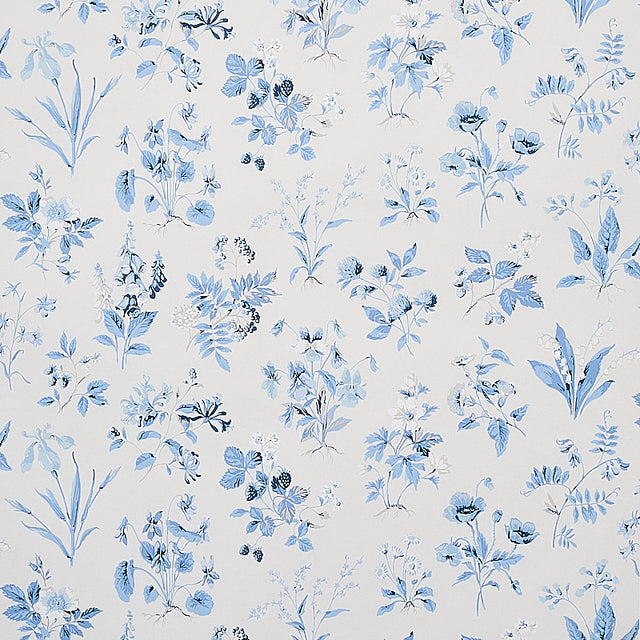 Floreana blue English wildflowers wallpaper by Schumacher, featuring a delicate floral pattern in blue on a light background.