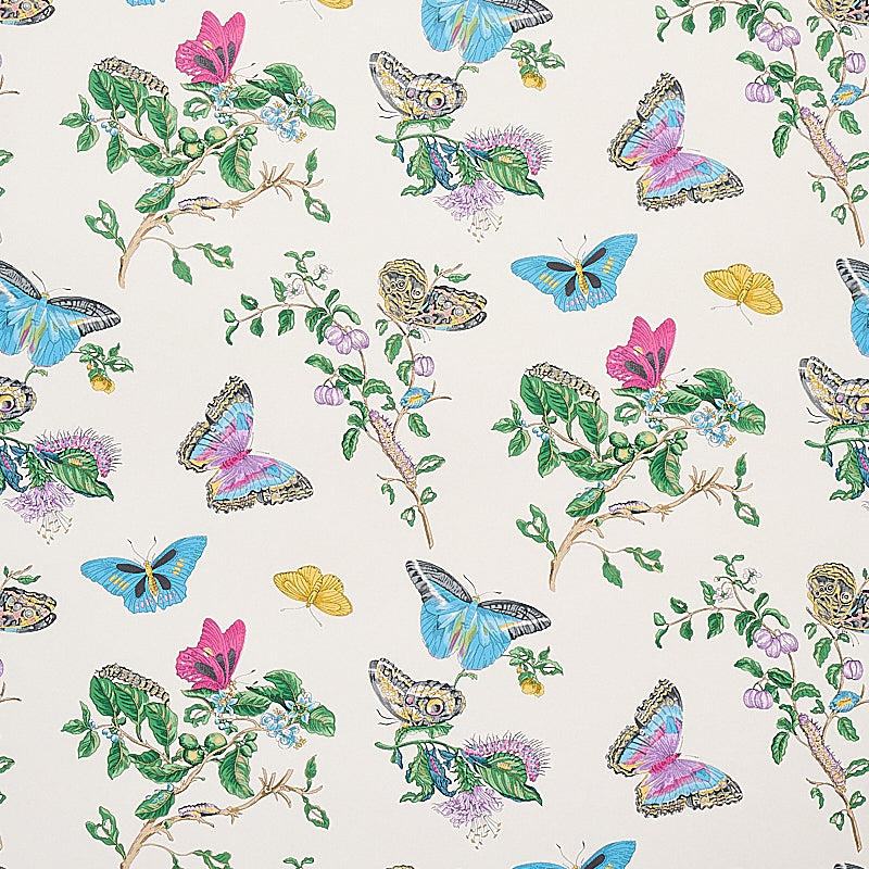 Baudin Butterfly wallpaper in turquoise with colorful butterflies and botanical illustrations on a light background.