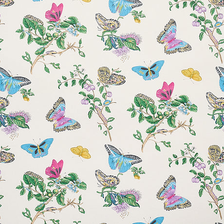 Baudin Butterfly wallpaper in turquoise with colorful butterflies and botanical illustrations on a light background.