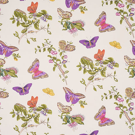 Baudin Butterfly wallpaper by Schumacher featuring colorful butterflies and caterpillars on a light background