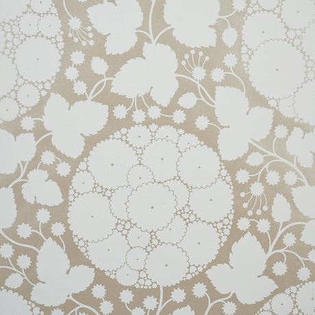 Marianne Champagne by Schumacher - Pop Art floral wallpaper in champagne and white, shown in detail and styled in a bedroom setting.