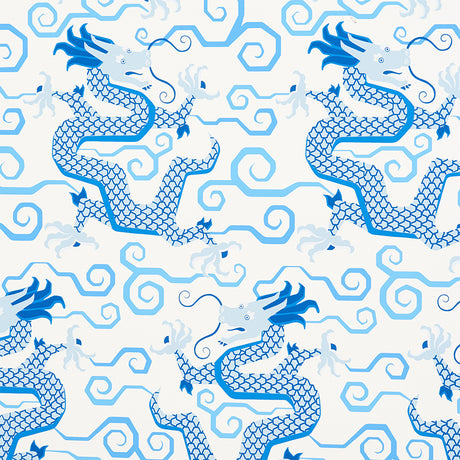 BIXI Porcelain wallpaper featuring blue dragons and swirling clouds on a white background, from Schumacher's Fire Breather collection.