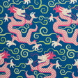 BIXI Sapphire by Schumacher - Fire Breather Collection. Bold dragon motif wallpaper in blue, pink, and green.