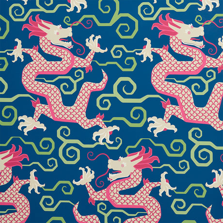 BIXI Sapphire by Schumacher - Fire Breather Collection. Bold dragon motif wallpaper in blue, pink, and green.