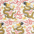 BIXI wallpaper in gold featuring a bold dragon motif with red swirling clouds, from the Fire Breather collection by Schumacher.