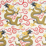 BIXI wallpaper in gold featuring a bold dragon motif with red swirling clouds, from the Fire Breather collection by Schumacher.