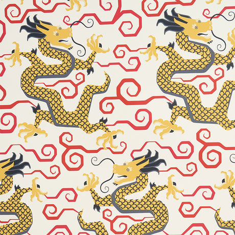 BIXI wallpaper in gold featuring a bold dragon motif with red swirling clouds, from the Fire Breather collection by Schumacher.