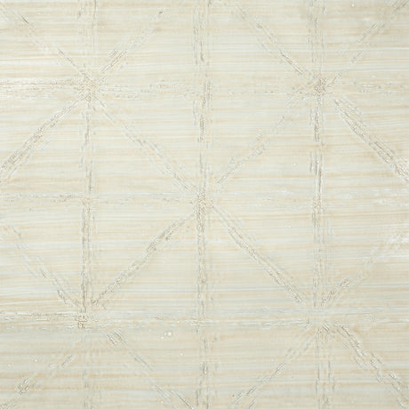 Aventurine Performance Stone by Schumacher, a high performance wallcovering with a loose geometric pattern and pearlescent finish, shown in a styled interior and close-up detail.