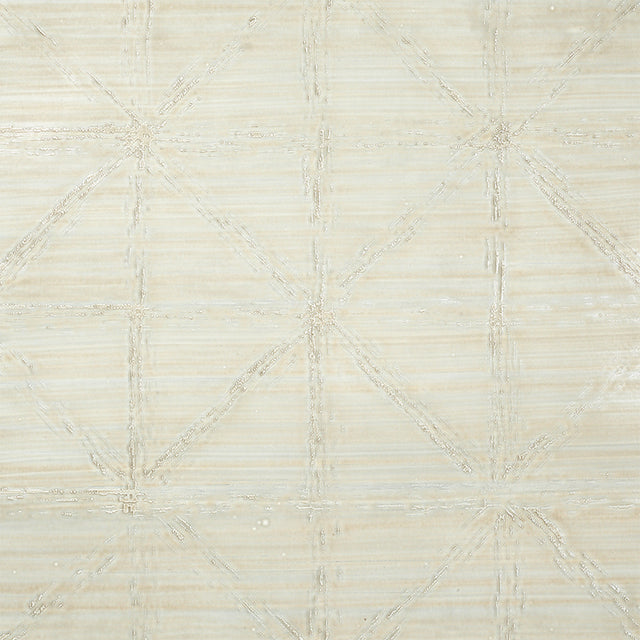 Aventurine Performance Stone by Schumacher, a high performance wallcovering with a loose geometric pattern and pearlescent finish, shown in a styled interior and close-up detail.