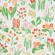 Carly Pink by Schumacher - Colorful hand-drawn floral wallpaper with pink, yellow, and green flowers on white background