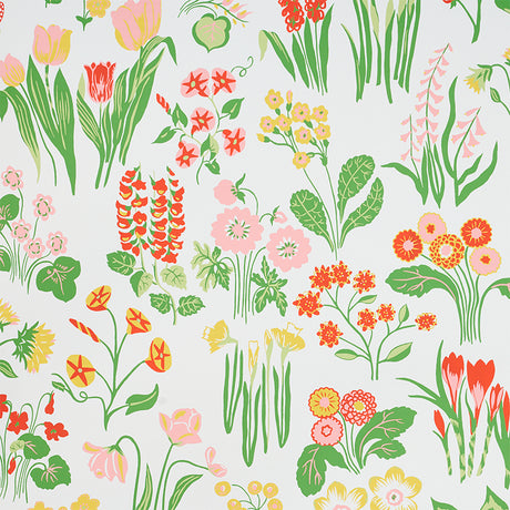 Carly Pink by Schumacher - Colorful hand-drawn floral wallpaper with pink, yellow, and green flowers on white background