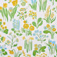 Carly Sky by Schumacher - vibrant floral wallpaper in blue, yellow, and green on white background