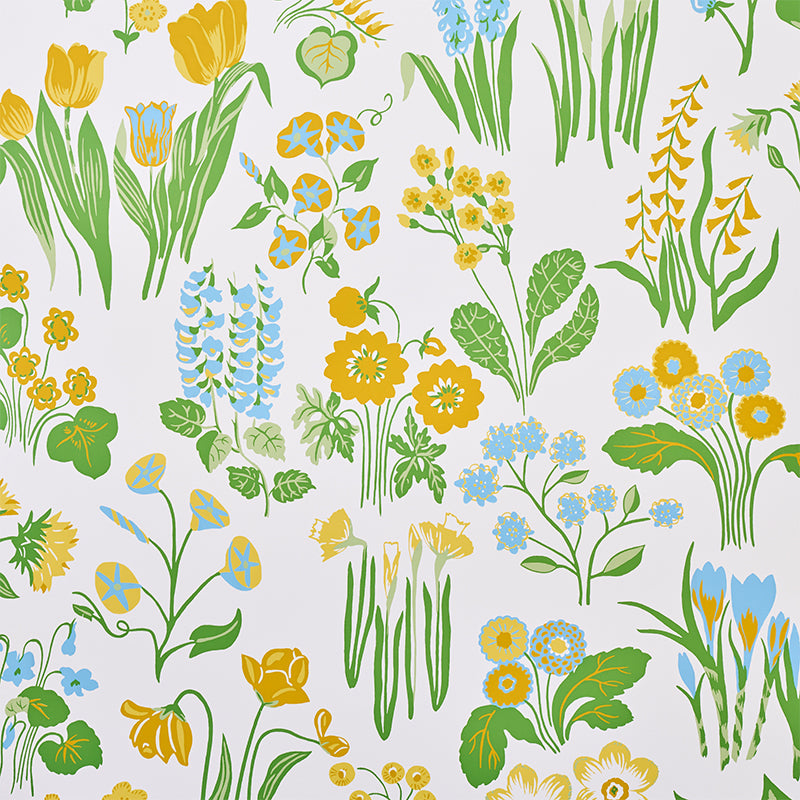 Carly Sky by Schumacher - vibrant floral wallpaper in blue, yellow, and green on white background