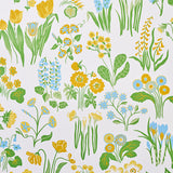 Carly Sky by Schumacher - vibrant floral wallpaper in blue, yellow, and green on white background