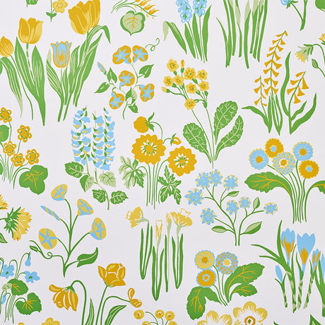 Carly Sky by Schumacher - vibrant floral wallpaper in blue, yellow, and green on white background