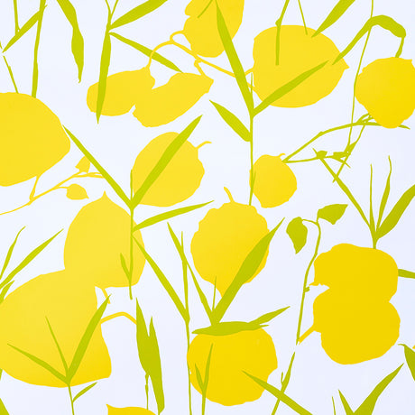 JOAN wallpaper in yellow by Schumacher, featuring large-scale stylized floral blooms with a retro vibe on a high-gloss ground.
