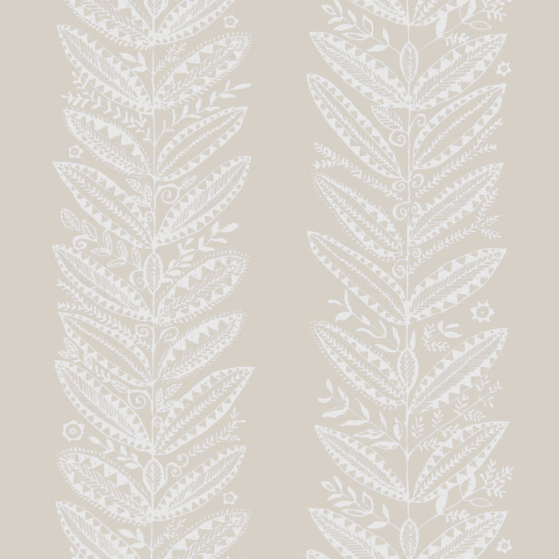 ELAND wallpaper in Natural from the SCANDINAVIAN MODERN collection by Schumacher, featuring a stylized botanical pattern in white on a beige background.