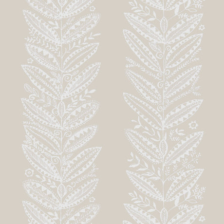 ELAND wallpaper in Natural from the SCANDINAVIAN MODERN collection by Schumacher, featuring a stylized botanical pattern in white on a beige background.