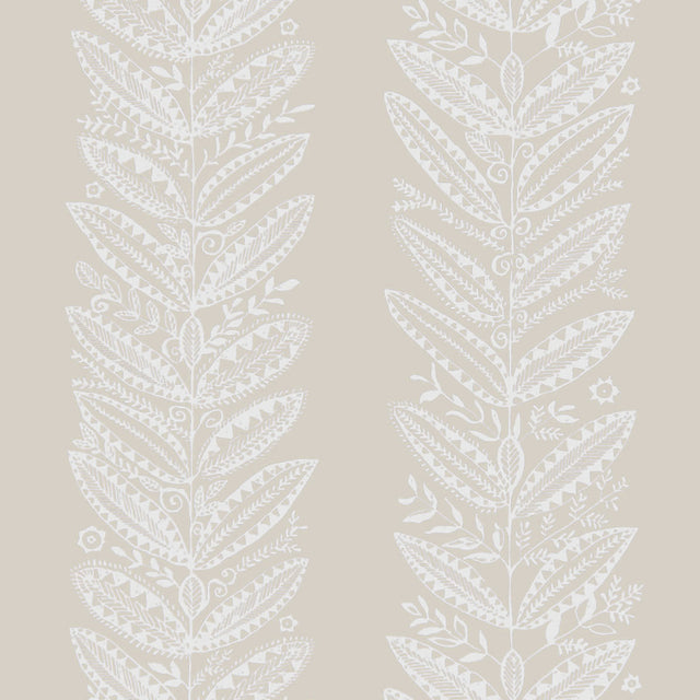 ELAND wallpaper in Natural from the SCANDINAVIAN MODERN collection by Schumacher, featuring a stylized botanical pattern in white on a beige background.