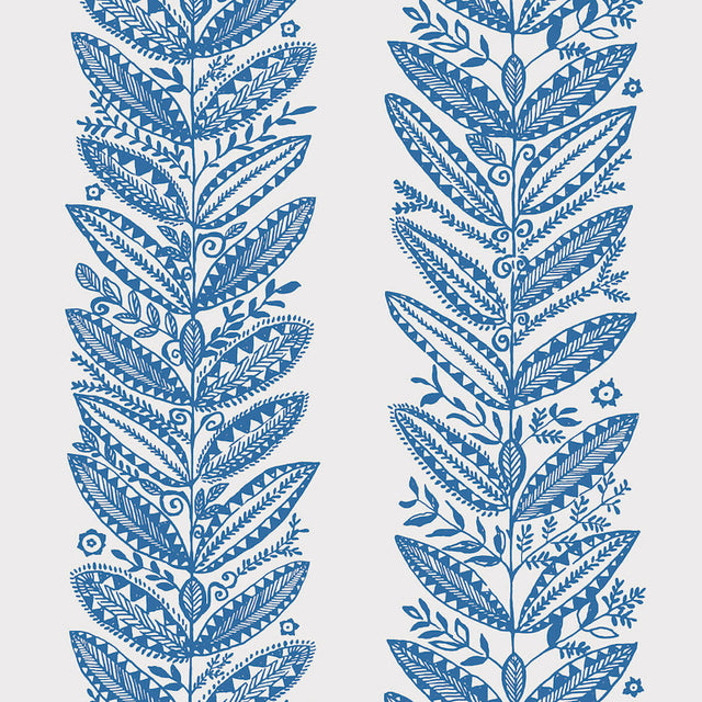 ELAND wallpaper in blue from the SCANDINAVIAN MODERN collection by Schumacher, featuring a bold botanical leaf pattern.